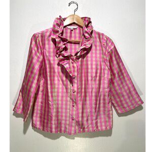 Connie Roberson silk shirt VTG USA made raffle neck pink plaid romantic women M